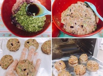 step2: 免治豬肉、蛋液、燕麥、燕麥碎、西蘭花碎、紫洋蔥碎、橄欖油放在大碗內，加入醃料拌勻，放置至少15分鐘。然後戴上手套，取適當份量搓成漢堡狀。

預熱焗爐200度，漢堡焗15分鐘