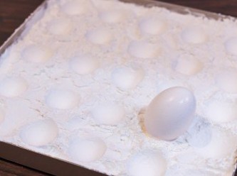 step1: 把粟粉和糖霜以2:1的比例混合，先留起 1 小碗的份量備用，其餘平鋪於烤盤中（約 1 厘米厚），以洗淨印乾的雞蛋於粉上印出窩位備用。