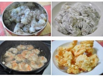 step2: 白蝦開背挑筋去腸泥..不需醃漬，直接調和<span class="group_3">粉糊</span>後沾裹，再迅速沾裹乾的地瓜粉當面衣，接著放入熱油炸製金黃香酥即可