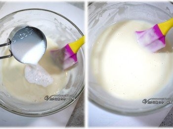 step2: 3 把剩下的冷水倒入泡打粉中，拌勻
4 接著把泡打水再倒入麵糊裡，拌勻