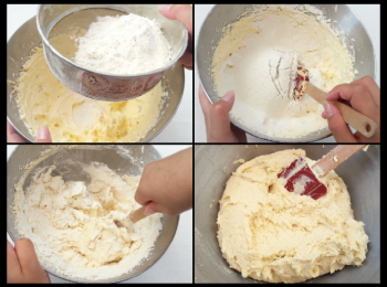 step3: 分兩/三次篩入麵粉，用膠刮刀慢慢拌勻成麵糰即可，不適合攪拌太久，太久會導致麵糰起筋。