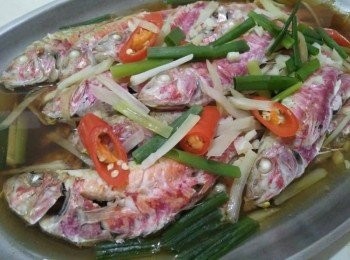 step4: 如蒸熟透後，再把辣椒和青蔥鋪在清蒸紅魚【澎湖野生水產】身上，即可上桌享用，澎湖當地人愛吃「秋姑秋姑，龍蝦肉」的紅魚【澎湖野生水產】。