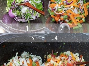 step3: 先爆洋蔥，炒至半透明後，再落西芹，紅蘿蔔及蕃茄粒。再加椰菜絲，將所有蔬菜同牛油炒勻。加入茄膏炒勻。