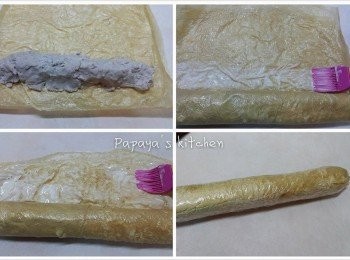 step3: 6. 芋頭泥就放腐皮嘅一邊，從一邊卷起，手要捏實腐皮來卷，卷一個圈時就掃少少面粉水，尤其係收口位一定要掃面粉水痴實

7. 卷好後，用保鮮紙包住腐皮卷，放雪櫃約30分鐘定型