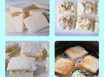 step4: 另外準備牛奶吐司約4片，對齊切成四小片正方形，並將鱈魚餡料鋪在土司片上，再取另一土司片蓋住，輕輕放入熱油鍋中炸至兩面金黃及可撈起