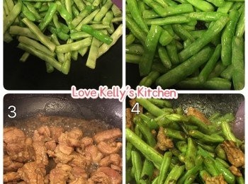 step1: 用調味料醃肉大約15分鐘；四季豆切段洗乾淨備用；