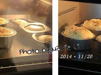 step5: 送進已事先預熱好的烤箱中

烤箱設定為：

上火：         200度
下火：         200度
烤盤放置：      下層
烘焙時間：    25分鐘


※ 每台烤箱的狀況皆不相同，請依自家烤箱的狀況做調整設定。 

這次我將烤箱的溫度調高
烤盤擺放在下層
這樣烤起來的成品表面不會太快上色
蛋比之前的作法更Q彈好吃喔！