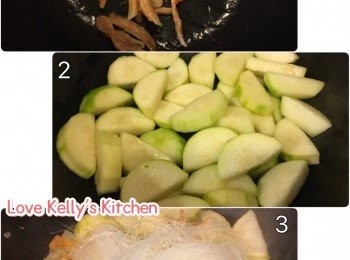 step1: 蝦干洗乾淨及用熱水浸軟，粉絲用熱水浸軟，節瓜去皮切件備用；