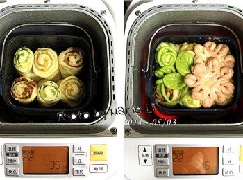 step10: 最後發酵完成後
按下機器上的《取消鍵》停止模式
為麵糰刷上蛋液
可以準備進入烘烤了


(Panasonic SD-BMS105T Mode22 蒸麵包模式)

調整麵包機的設定為 Mode22 《蒸麵包模式》
此模式可以直接進行烘烤作業，全程於 35 分鐘完成。

先將六個麵糰烘烤至表面固定
大約再機器顯示剩下 20 分鐘左右時
把做好的小裝飾擺進麵包機裡面

先擺上幾條綠色的捲鬚
再放上兩片綠葉做陪襯
最後將兩朵小花放上去
一直烘烤到機器停止再視情況追加烘烤
我有再追加了五分鐘