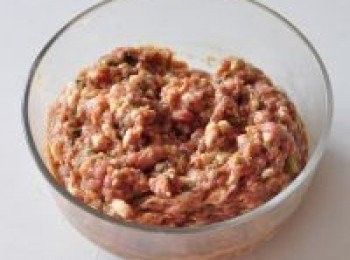 step3: 肉糜加香蔥，薑末一起剁碎，加所有調料攪拌上勁備用。