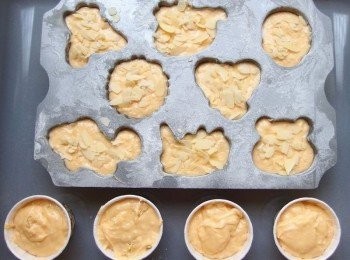 step11: 用湯匙將麵糊放至蛋糕烤模裡約8分滿,撒上少許的杏仁片。如使用個人喜歡的烤模亦可,麵糊一樣裝至8分滿即可。電烤箱設定175~180度c,烤約25分鐘。烘烤時間視烤模大小及每家烤箱溫度不一而調整。