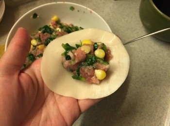 step7: 把大約1茶匙的餡料放在餃子皮中間, 邊邊塗點水
