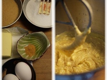 step1: 先將材料(白糖+紅砂糖+肉桂粉+奶油+雞蛋和提味酒)全數於麵糰機攪拌完成!