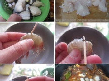 step3: 蝦子用牙籤伸入背部挑出腸子。貝殼，魚片，蝦子，豆腐，香菜隨吃隨燙。