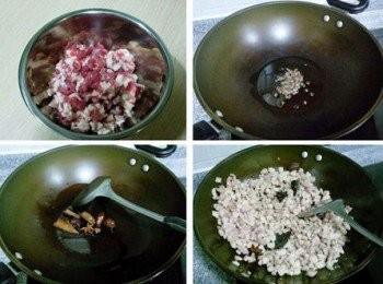 step5: 五花肉切小粒，鍋中涼油放入花椒，爆出香味後花椒撈出不要，放入八角、桂皮和草果爆出香味，然後放入五花肉。