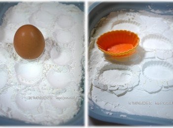 step3: 用雞蛋尖部壓出圓型模，也可利用其他工具壓出想做出來棉花糖的外型模來