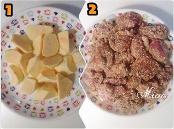 step2: 地瓜切塊（比肉塊小一點），舖在盤子上，再放上醃製好的肉塊，大火滾水蒸20分，確認地瓜熟透即可上桌