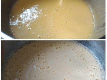 step1: 蛋黃與鹽打至淡黄，加入牛奶，菜油及雲呢拿油拌勻。