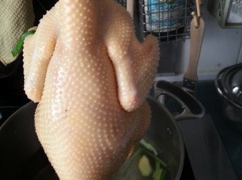 step3: 再將雞抽起待水流出,再重複浸回滾水中浸20秒,再抽起待水流出,共做3次