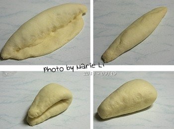 step5: 捲成《橄欖形》之後收口處捏緊
將麵糰稍微壓平後對折起來
記得將接縫全都捏緊避免後發時繃開來