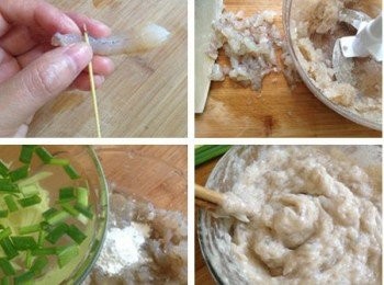 step1: 海蝦去頭去殼，用牙籤挑清蝦線；留三分之一蝦內切細丁，其餘絞或剁成蝦泥；加入澱粉、蔥薑水、蛋清、鹽；用筷子將蝦肉朝著同一方向攪打上勁（會看到蝦肉有明顯的蓬鬆感哈）；