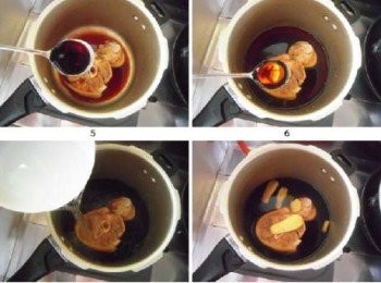 step3: 加入適量的水，使其剛剛沒過肘子。加入生薑片，蓋上蓋子，大火燒開後轉成小火燜熟。