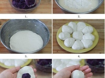 step2: 取一份麵團按扁後包入紫薯餡（餡料不要包的過多）。像包湯圓一樣把餡料包起來，搓成圓球。把包好的麵團放在芝麻盤中滾一圈，使表面沾滿芝麻，用手輕輕拍緊。
