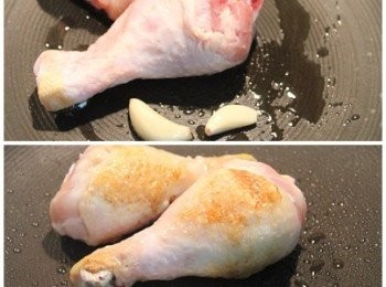step1: 煎鍋中放少許油, 將雞腿與蒜頭爆香並煎上色, 聞到焦香氣