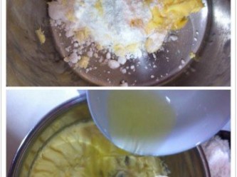 step2: 取出一個較深的大盆，把牛油和糖分加入，利用電動打蛋器攪打至淡色，然後蛋白分兩次加入攪拌均勻。