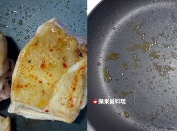 step4: 雞皮呈金黃色時，取出備用。此時鍋底有滿滿的雞油。