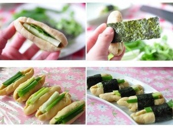 step4: 再來將蔥段塞入麵腸肚裡，然後取一片海苔塗上少許蛋液或與米粉糊由麵腸肚中圍起包覆住，(若購買麵腸較大時，一張海苔包不住)可再取一張海菭反方向再圍起包覆