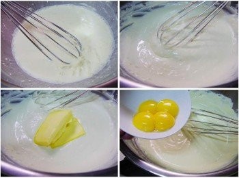 step4: 取一適合容器ˊ擺入室溫回軟的奶油乳酪加上鮮奶ˊ 
用最小火加溫ˊ過程記得要不停攪拌ˊ
至奶油乳酪和鮮奶完全融合無顆粒狀ˊ 
然後熄火ˊ利用餘溫拌勻無鹽奶油ˊ接著再拌勻蛋黃