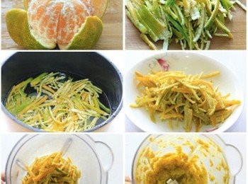 step1: 橘子洗淨後用淡鹽水浸泡半個小時左右，以消除橘子皮上的細菌。浸泡後的橘子剝去橘皮，把橘皮切成細絲，放入鍋裡加水煮開後把水倒掉，這一步是為了去掉橘皮的苦味。煮過的皮加一小杯水入料理機打成泥。