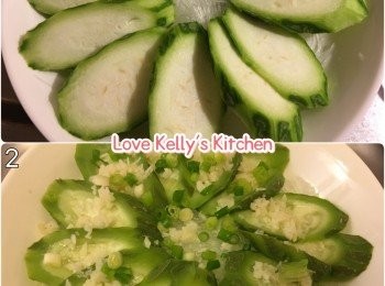 step1: 粉絲用熱水浸軟，剪開後舖在碟底；