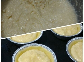 step4: 椰絲、低筋粉、糖霜，吉士粉和泡打粉拌勻後加入蛋液、雲呢拿油、淡奶和椰奶拌勻。最後加入無鹽牛油溶液拌勻。 然後舀入步驟⑶內用190℃(已預熱)焗30分鐘。