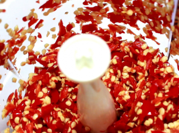 step8: 朝天辣椒真的很辣, 如要手切, 先帶手套。
切完/處理過辣椒的手不要觸碰眼睛及敏感的皮膚。

一份的辣椒量是150克, 剛好四兩。如你買一斤辣椒, 可以做出四個味道。而每一份成品會約在400-450克, 跟一瓶市售辣椒醬容量差不多。

粗細可按個人喜歡, 但不要打成泥狀。