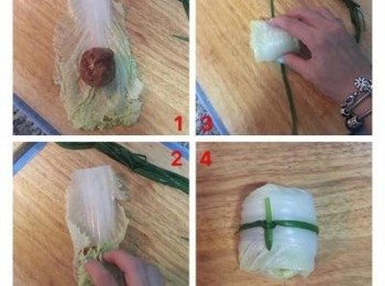 step7: 白菜燙軟後瀝乾，葉子端朝我們的方向開始包<span class="group_2">獅子頭</span>，並用蔥青綁好後備用。