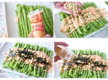step3: 把變冷的四季豆擺入盤中，擠上適量的元氣一番-千島沙拉醬，再灑上少許松子，鋪上海苔碎片，最後再灑些七味辣粉即可
