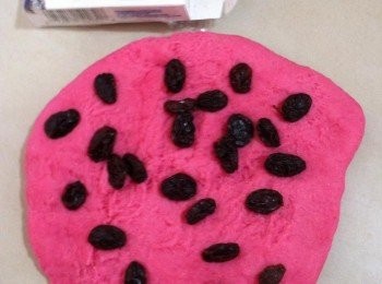 step4: 發酵完畢，取出粉色麵團加入葡萄乾搓至圓滑，成長方形。
青色麵團和原味麵團分別擀成長方形