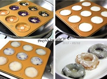 step5: 第一層的麵糊稍微凝固後
舀進餡料，均勻地鋪在模具裡
然後再於餡料上倒入麵糊至滿模
蓋上鍋蓋，繼續蒸煮約十分鐘
用手輕碰表面不會沾黏即可。

蒸煮好的軟糕
脫模後灑上《熟粉》以防止沾粘。

※蒸煮的時間依製作的大小與薄厚會有所不同唷！！