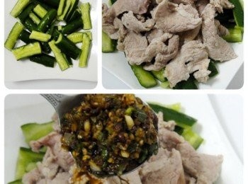 step3: 青瓜瀝去水分鋪於盤上，再放上燙熟的雞肉片，最後淋上椒麻醬即完成