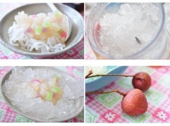 step1: 將米苔目與粉圓放入盤中，再以調理機將冰塊大成冰沙放入碗裡，剝幾顆荔枝肉一起放入