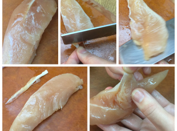step1: 將鷄柳抹乾, 用刀將鷄柳除筋去衣