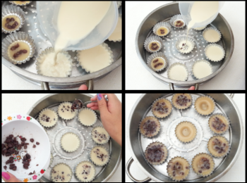 step6: 再將糖水粉漿再攪勻，倒入模內約8成滿，再加入適量紅豆，然後蒸10分鐘。