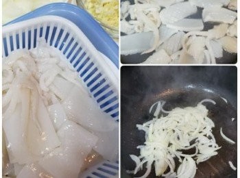 step1: 鮮魷洗淨，拌乾水份，花切件。煮前加少許鹽。
洋蔥切幼絲，蒜頭切茸。
鮮魷放滾水飛水，半熟盛起。
起熱鑊，爆牛香蒜茸及洋蔥。