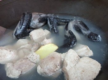 step2: 鍋加入凍水，放入烏雞同<a href="https://bit.ly/3ANJVUp" target="_blank" data-keyword="豬展" class="guide-link"><strong>豬展</strong></a> <span style="display:inline-block;vertical-align:middle;margin-top:-3px;color:initial;border-radius:3px;padding:2px 3px;font-size:12px;line-height:14px;background:#87d300;color:#fff;">即買</span> 肉，加入兩片薑，煮滾再出水5分鐘，撈出洗淨