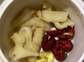 step3: 燉盅內放入花膠，紅棗，然後倒入牛奶，隔水燉2~3小時。