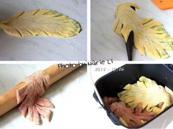 step6: 《南瓜抹茶麵糰》和《可可紅麴麵糰》各保留一小塊
分別做出葉片的形狀，擺放在麵包機容器中麵糰的最上方

黃黃綠綠、咖啡紅暈的，是不是很有秋天的味道呢~