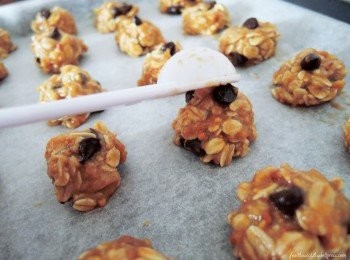 step5: 利用汤匙取一小部分的燕麦香蕉泥放在已铺好烘焙纸的烤盘上。 然后，送入烤箱里以 170度，烘烤25分钟至饼干表面完全干透即可。