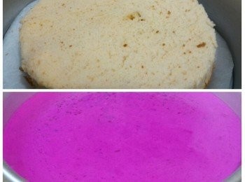 step8: 將一片雪芳蛋糕放進8寸蛋糕模的中央，把步驟⑺倒進蛋糕模內，冷藏至少4小時便可。